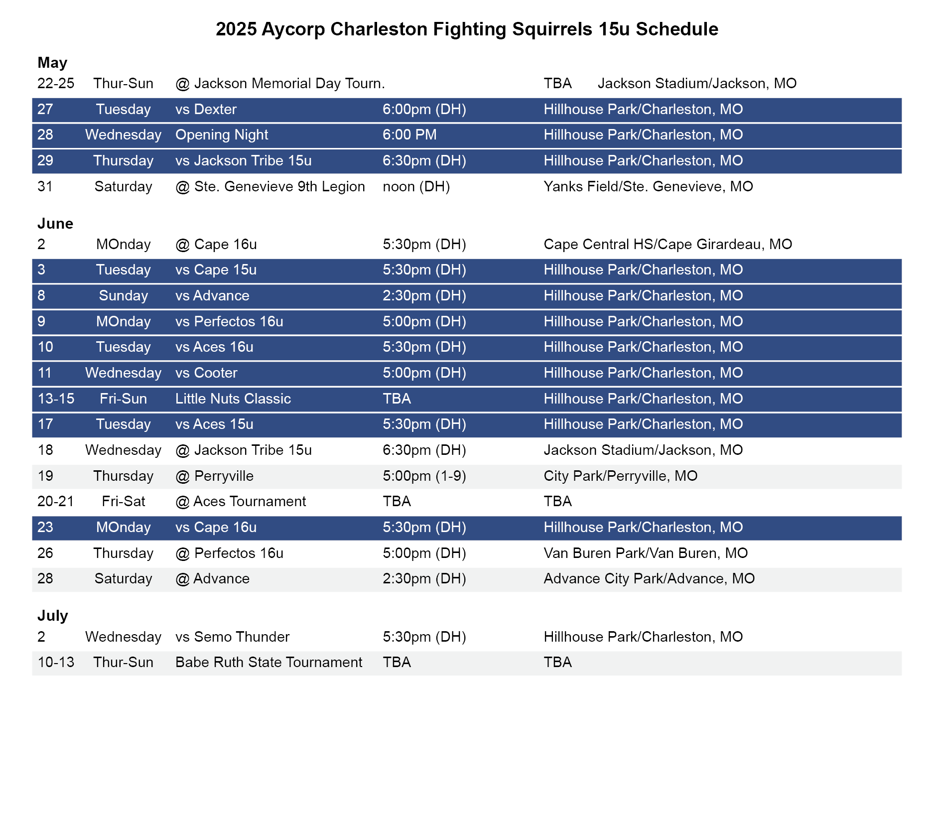 Schedule 2025 15u